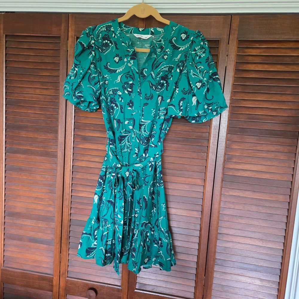 Nine West Button Front Fit and Flair Dress Womens Small Green Puff Sleeve Mini